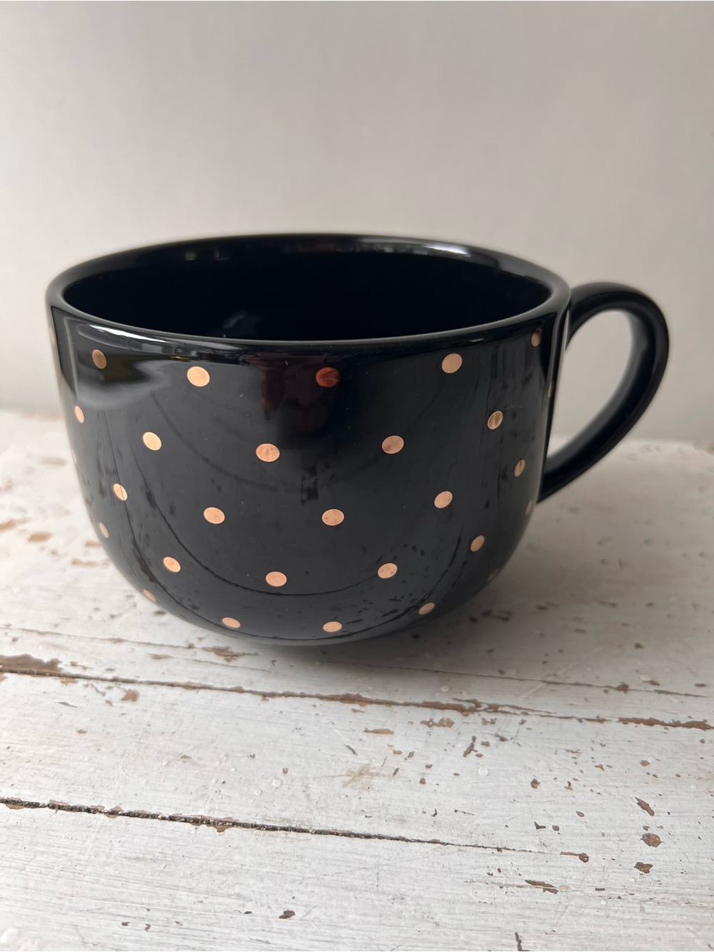 Large Black Ceramic Polka Dot Mug/Soup Bowl with Gold Dots